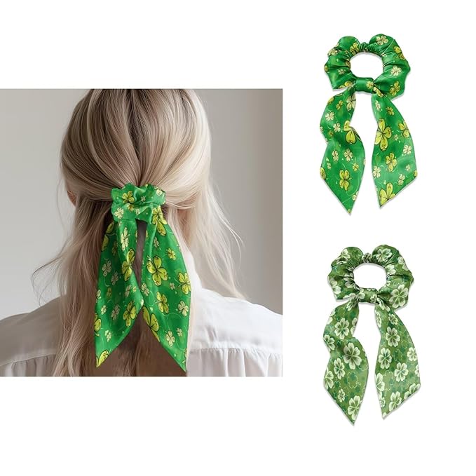 Four Leaf Satin Hair Tie Thick Hair No Damage Knotted Bow with Flowing Tails St. Patrick's Day Green Scrunchies with Bow Pack of 2