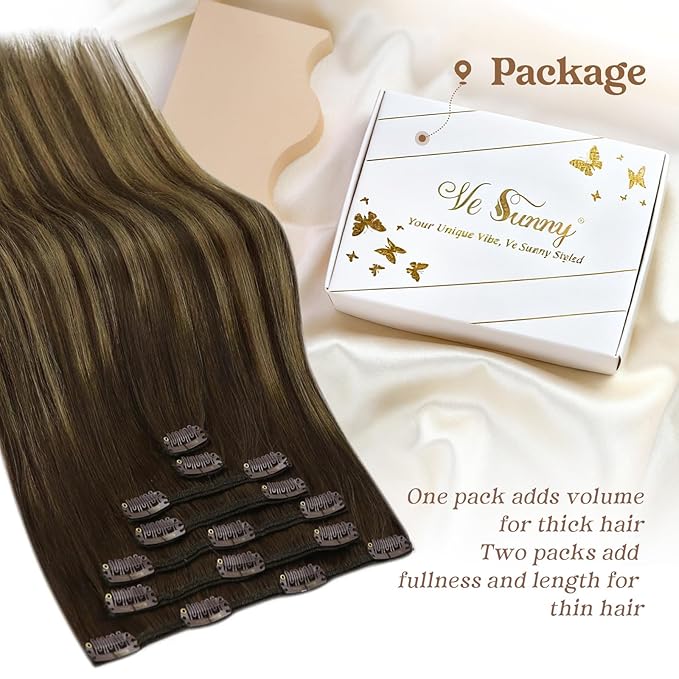 Ve Sunny Balayage Clip in Hair Extensions Human Hair Extensions Clip ins Dark Brown Ombre Caramel Blonde Clip in Extensions Real Human Hair for Long Straight Hair 22inch 120g 7pcs