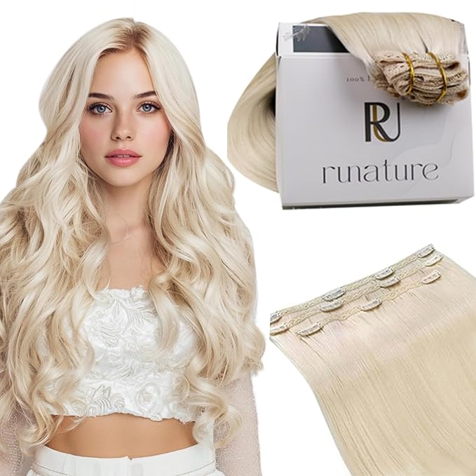 RUNATURE Real Human Hair Clip in Extensions Blonde, Clip in Hair Extensions Remy Human Hair, Double Weft Hair Extensions Clip Ins, Tangle Free Hair For Women, 16 Inch 50g 3pcs, #800 Platinum Blonde