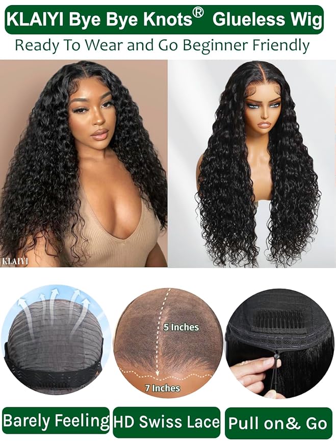 KLAIYI Water Wave Bye Bye Knots Glueless Wig Human Hair 7x5Precut Lace Front Pre Plucked Bleached Wear and Go Wig with Curly Baby Hair Drawstring 3S Ready to Go Pre Everything Beginner Friendly 16Inch