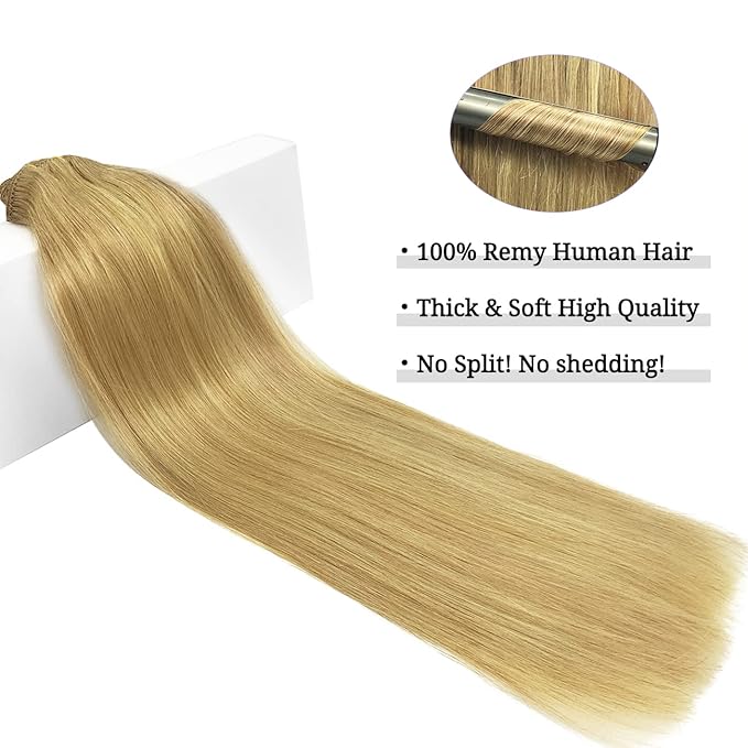 DOORES Clip in Human Hair Extensions, Dirty Blonde 12 Inch 7pcs 80g, Thick Silky Straight Hair