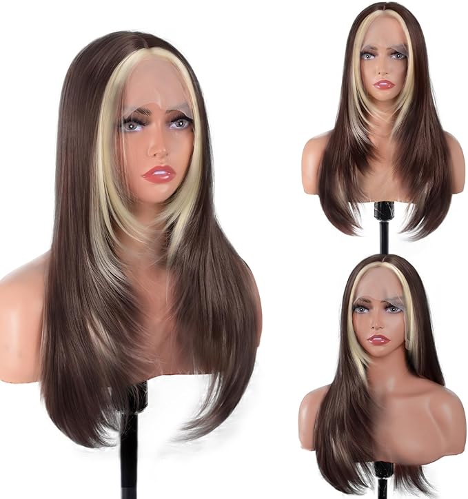 Brown Mix Blonde Long Straight Layered Wig 26 Inches Long Straight Wigs for Women Synthetic Lace Front Wig Middle Part Synthetic Wigs for Daily Cosplay Party Use(#Brown Mix Blonde, 26 Inch)