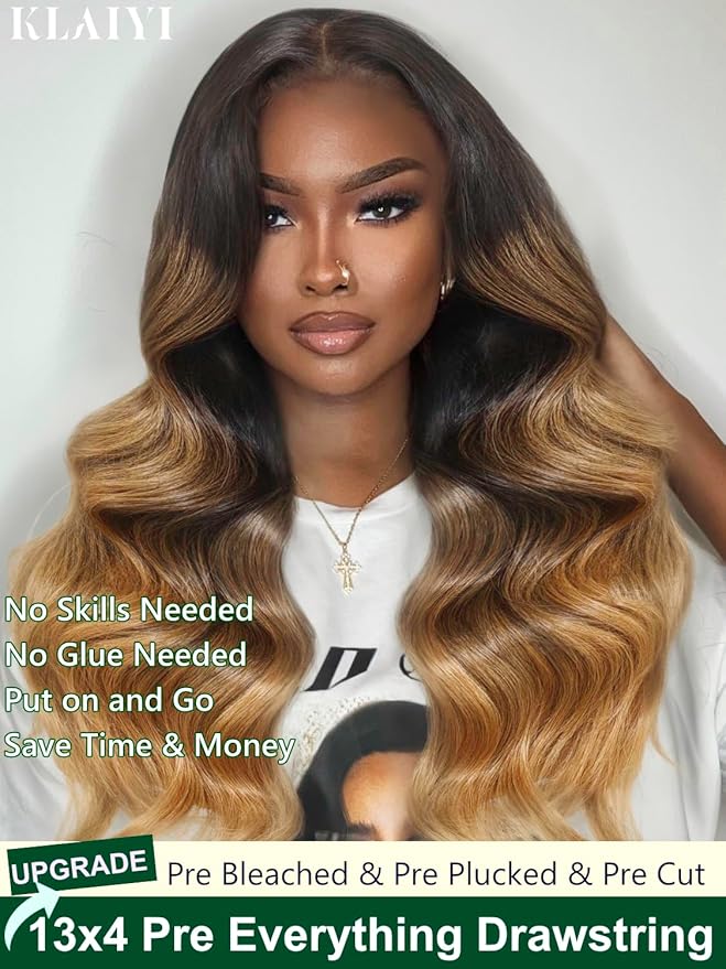 KLAIYI Ombre Highlight Blonde Loose Wave Pre Everything Glueless 13x4 Lace Front Wigs Human Hair Drawstring Balayage Brown Pre Cut Pre Plucked Bleached Ready to Wear and Go Wig with Dark Roots 22Inch