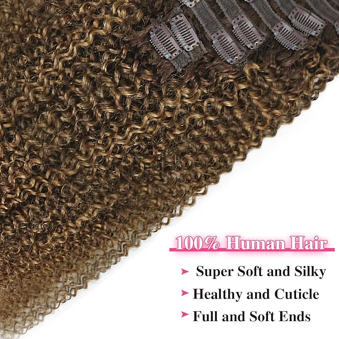 Kinky Curly Clip in Hair Extensions Real Human Hair 4/27/4 Omber Kinky Curly Clip ins For Women 3c 4a Brazilian Virgin Clip on Hair (20inch,#4/27/4)