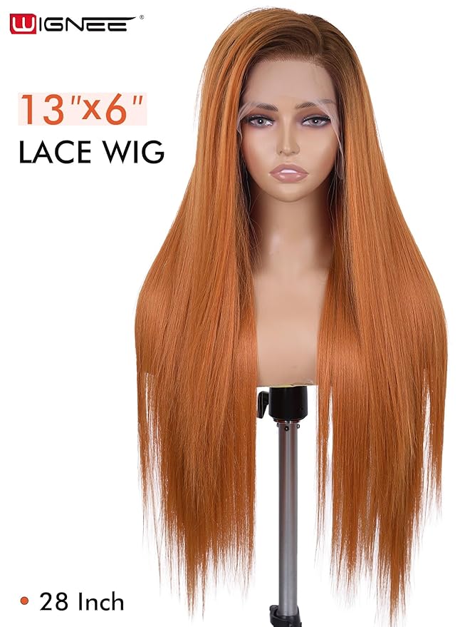 WIGNEE 13x6 Synthetic Lace Front Wig 28" Long Straight Wig Ombre Ginger Synthetic Wigs for Black Women Pre-Plucked Glueless Wig for Daily Party Use