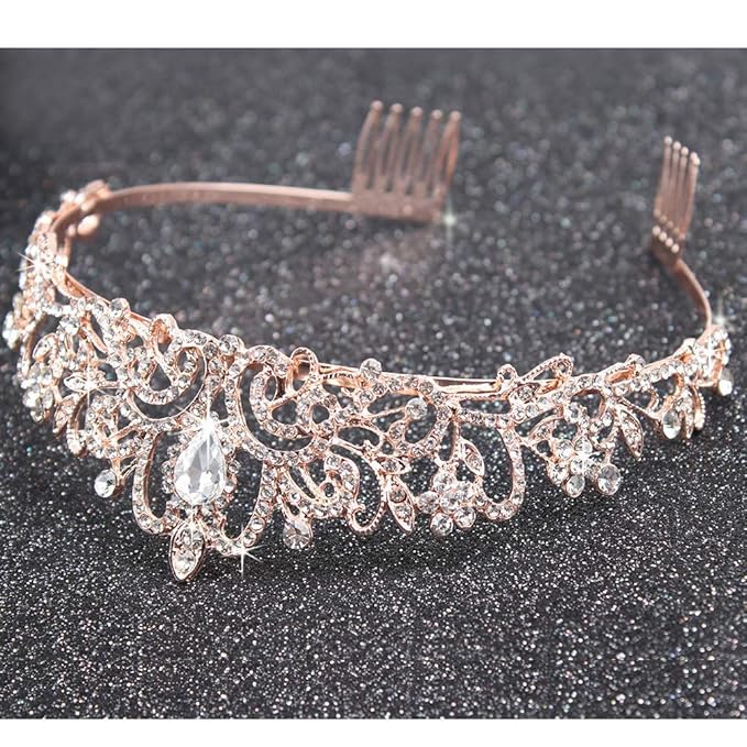 Didder Rose Gold Crystal Tiara Crown Headband Princess Elegant Crown with combs for Women Girls Bridal Wedding Prom Birthday Party