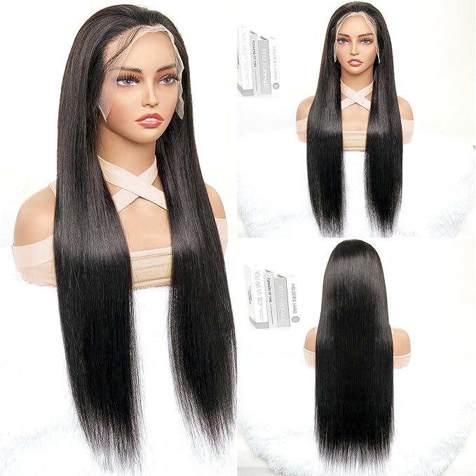 28 Inch Straight HD Lace Front Wigs Human Hair Pre Plucked 14A 230 Density 13x6 Transparent Lace Frontal Wig with Baby Hair Natural Black for Women