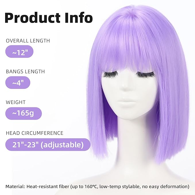 Allbell Light Purple Wigs for Women Short Bob with Bangs Heat Resistant Synthetic Hair 12 inch for Daily Party Halloween Costume Use