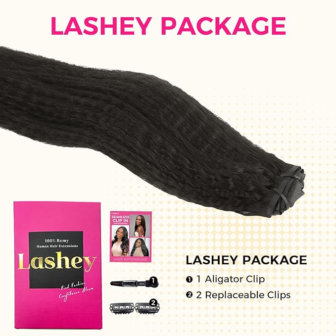 Lashey Seamless Clip in Hair Extensions Human Hair Kinky Straight 130g 9pcs 18 Inch Natural Black Invisible PU Weft Clip in Hair Extensions for Women