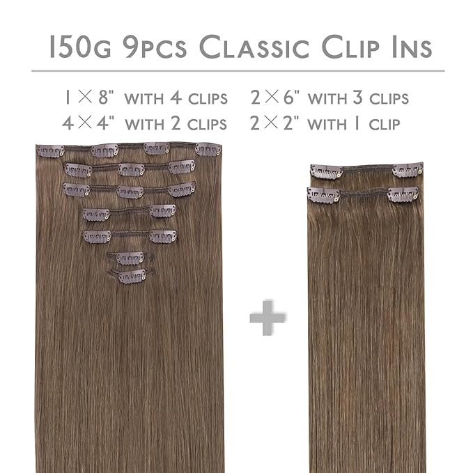 WENNALIFE Clip in Hair Extensions, 150g 16 Inch 9pcs Light Ash Brown Human Hair Extensions Thicker Clip in Hair Extensions Real Human Hair Clip Set Double Weft