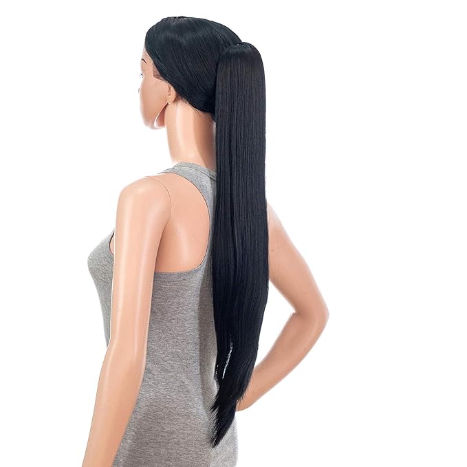 SWACC 28-Inch Long Straight Claw Clip Ponytail Extensions Synthetic Hair Extensions Ponytail Jaw Clip Hair Pieces for Women (1B-Off Black)