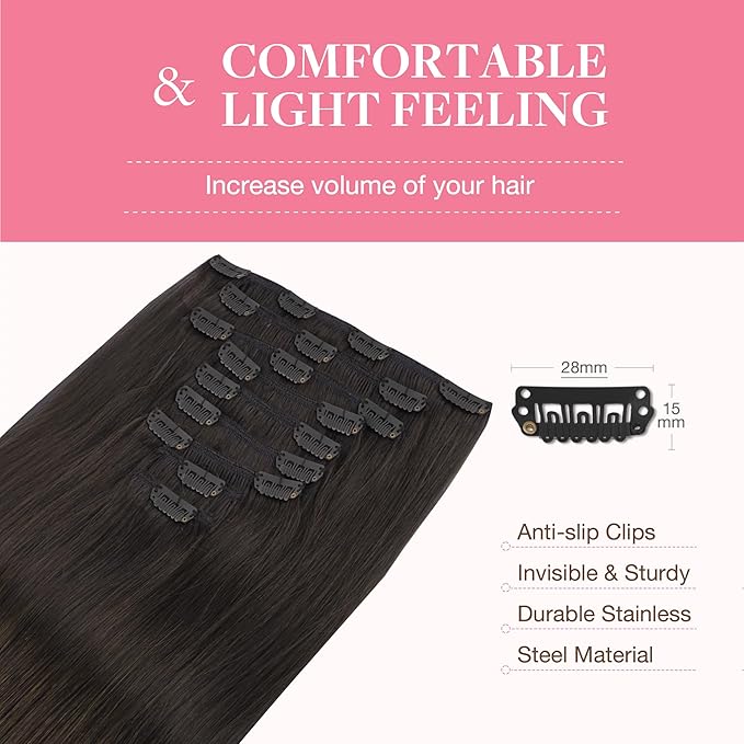 GOO GOO Clip in Hair Extensions Real Human Hair, Remy Human Hair Extensions Clip ins for Women, Natural Human Hair, 24inch 150g 9Pcs, #2 Dark Brown