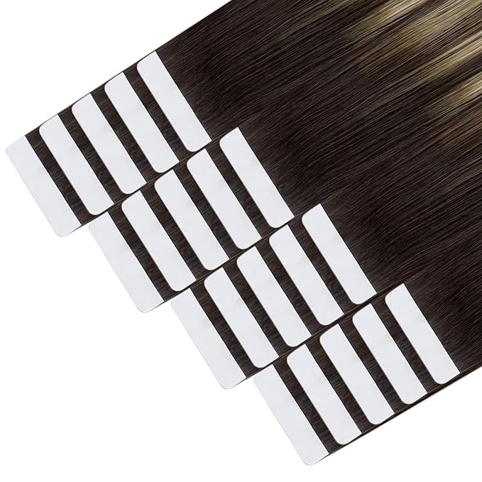 YoungSee Human Hair Tape in Extensions Dark Brown Tape in Hair Extensions Human Hair Balayage Tapes ins Human Hair Extension Dark Brown Ombre Ash Blonde Tape-in Hair Silky Straight 20 Inch 20pcs 50g