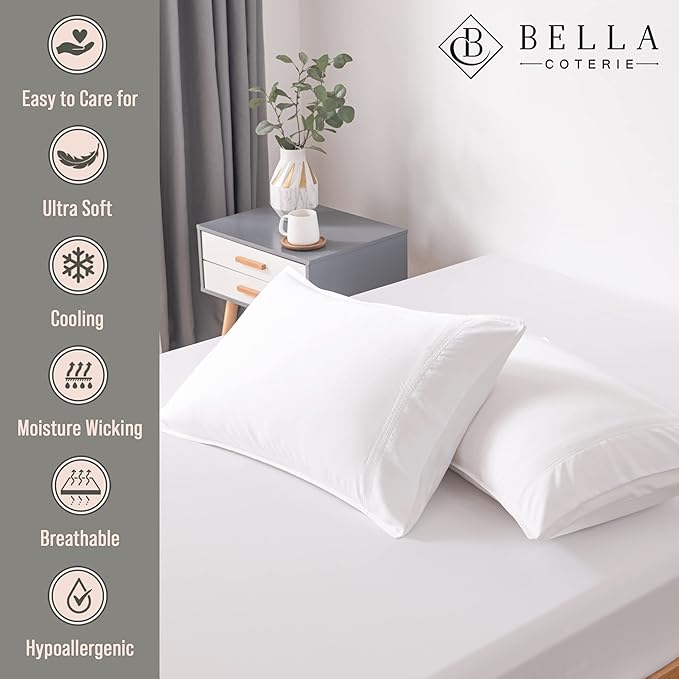 Bella Coterie | Luxury Bamboo Viscose Queen Size Pillowcase Set | 100% Organically Grown | Ultra Soft | Cooling | 2 Pcs [White]