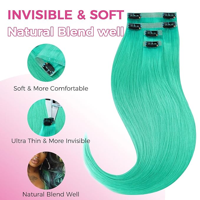 Lashey Seamless Clip in Hair Extensions Human Hair 4pcs 37g Green 16 Inch Straight Hair Extensions Clip ins with PU Soft Invisi Edge