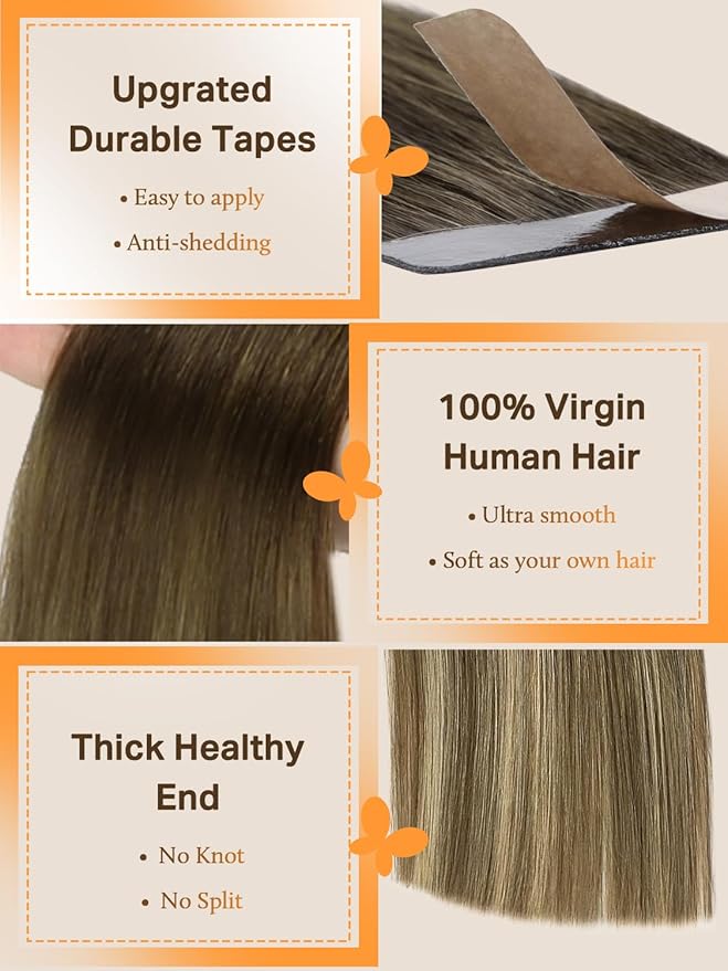 DOORES Hair Extensions Real Human Hair, Walnut Brown to Ash Brown and Bleach Blonde 10 Inch 60g 40pcs, Tape in Hair Extensions Human Hair Straight Remy Hair Natural