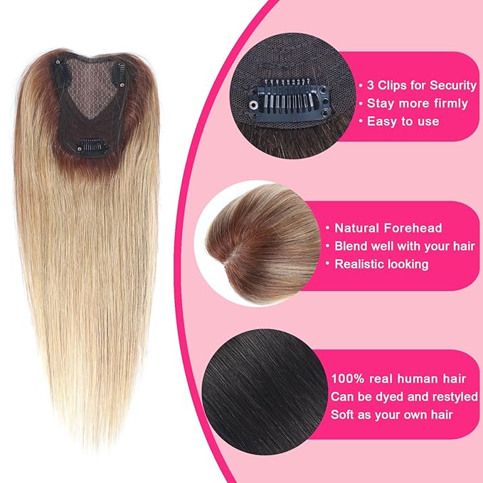 Hair Toppers for Women Real Human Hair Topper Swiss Lace Middle Part Clip in Bangs Remy Human Hair Straight Hairpieces for Thinning Realistic Scalp 360° Cover Gray Hairy Roots Highlight Ombre Blonde