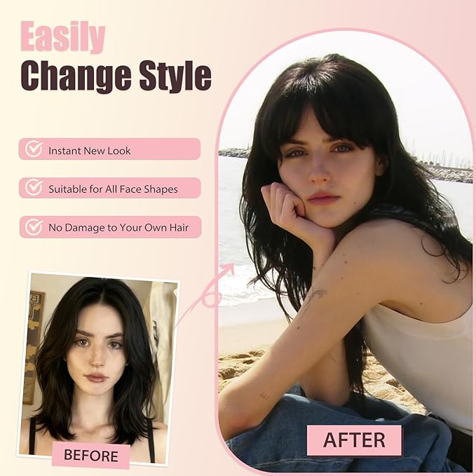 Clip in Bangs, Synthetic French Bangs Hair Clip, Medium Brown Fake Bangs Fringe with Temples Hairpieces for Women Natural Curved Hair Extensions for Daily Wear