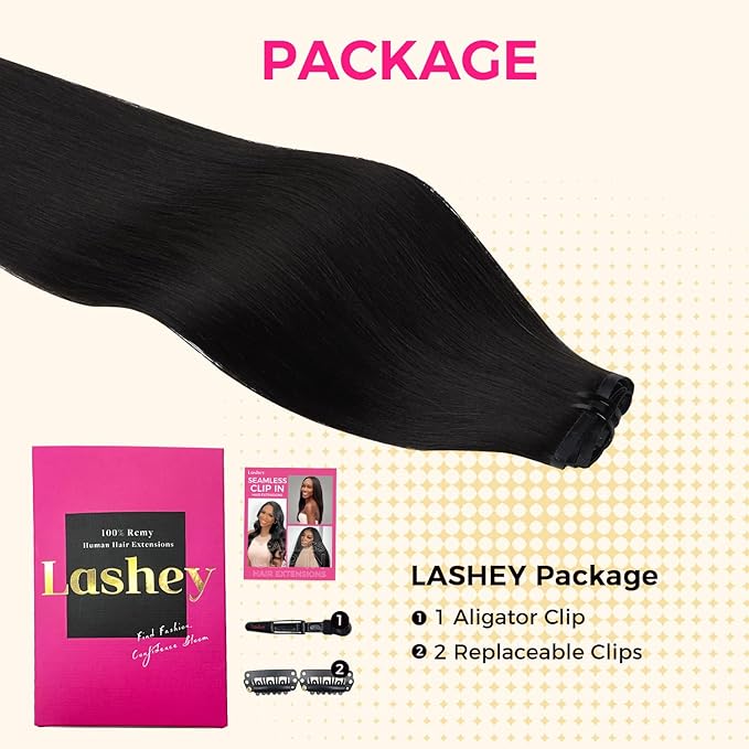 Lashey Seamless Clip in Hair Extensions Human Hair #1 Jet Black Light Yaki Straight Clip in Hair Extensions Real Human Hair 7pcs 110g 22 Inch PU Weft Natural Hair Extension for Women
