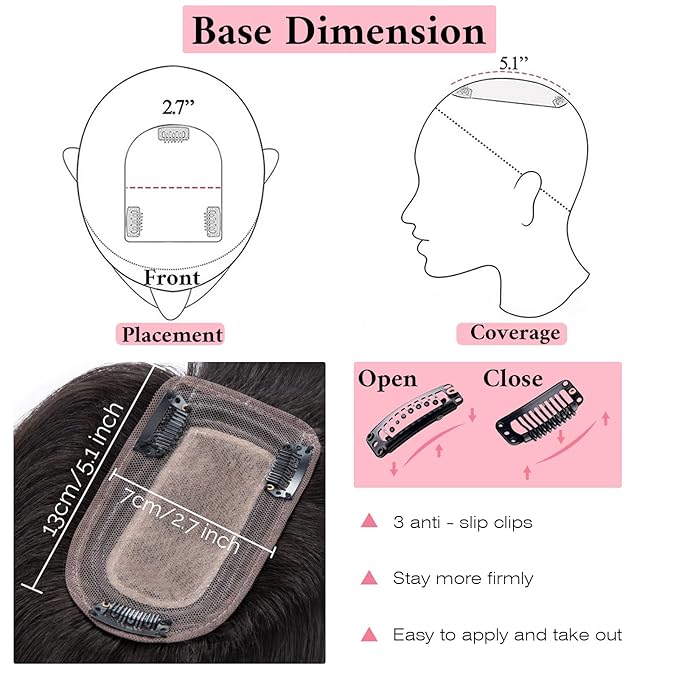 SEGO 100% Real Human Hair Toppers with Bangs,Silk Base 150% Density Clip in Topper Top 2.7”x5.1” Hair Pieces for Women with Thinning Hair/Hair Loss Cover Gray Hair