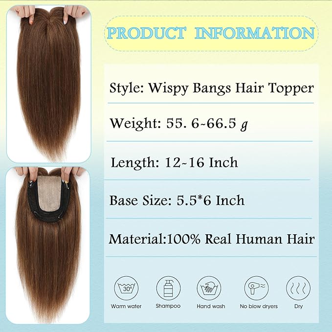 Hair Toppers for Women Real Human Hair, 360°3D Bangs Clip Human Toppers for Women with Thinning hair Realistic Scalp Line (Black, 3D French Bangs(11 * 7)) (Light Brown, 14 Inch Wispy Bangs)