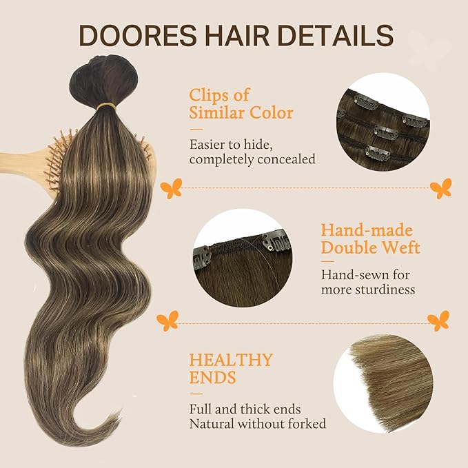 DOORES Human Hair Extensions Clip in Chocolate Brown to Caramel Blonde 20 Inch 7pcs 120g Real Hair Extensions Clip in Straight Balayage Silky Weft