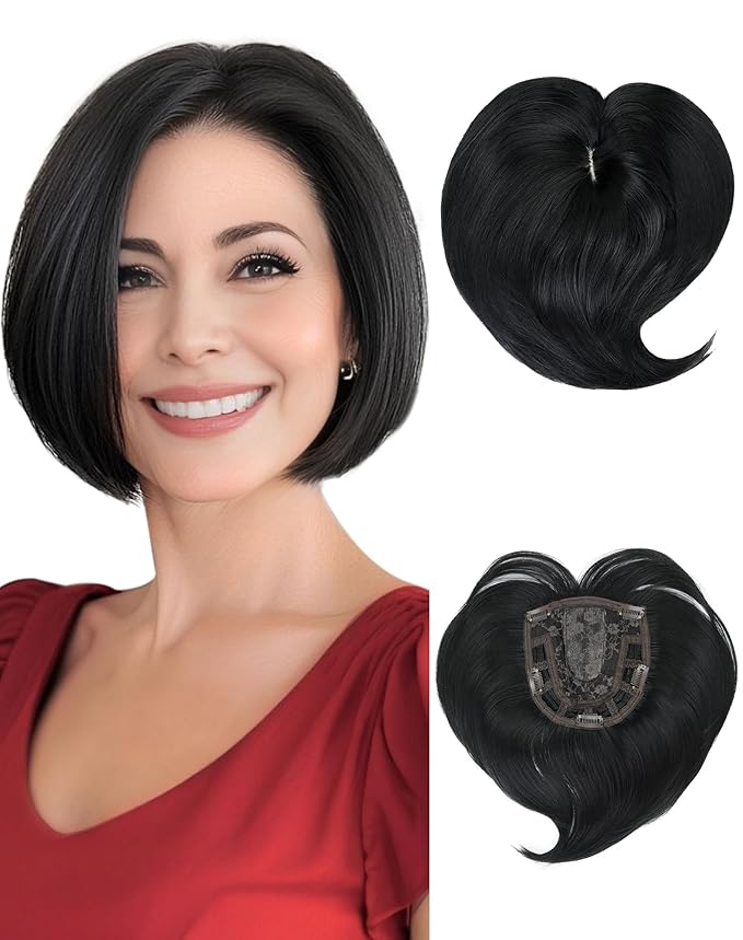 QUEENTAS Black Hair Topper for Women with Thinning Hair Pieces 6"*6"Large Coverage 360°3D Cover Silver Synthetic Short Bob with 5 Clips in Wiglets(Natural Black)