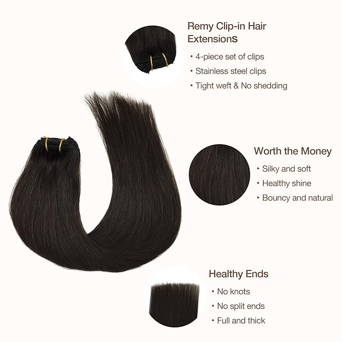 GOO GOO Clip in Hair Extensions Real Human Hair, Remy Human Hair Extensions Clip ins for Women, Natural Human Hair, 18inch 70g 4Pcs, 2 Dark Brown