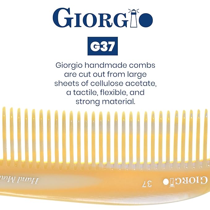 Giorgio G37 Large Coarse Hair Detangling Comb, Wide Teeth for Long Thick Curly Wavy Hair. Detangler for Wet and Dry. Handmade Rake Saw-Cut from Cellulose Hand Polished Imitation Horn