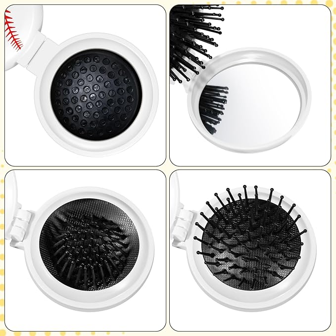 12 Pcs baseball Mini Detangler Brush, Folding Mirror Hair Brushes, Travel Hair Brush, No Tangle Soft Flexible Bristles for Straight, Curly, Thick Hair for baseball Team Gift Sport Party