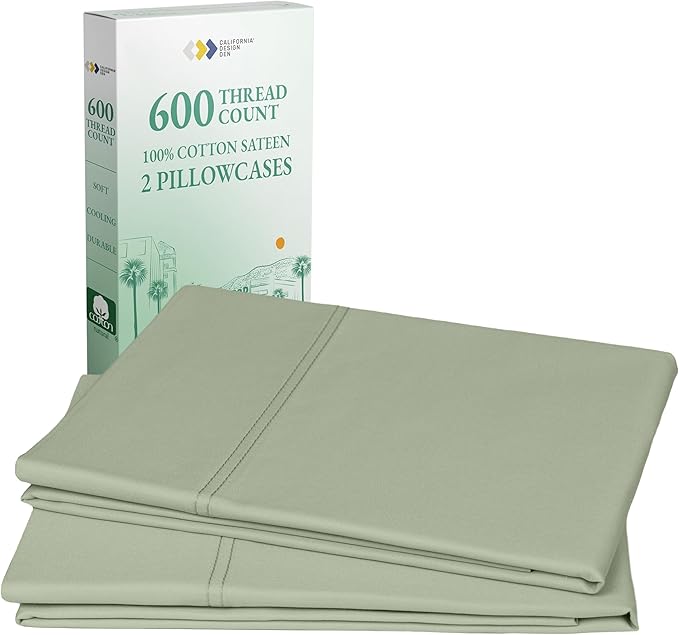 California Design Den Premium King Pillowcases Set of 2-600 Thread Count Sateen, Natural 100% Cotton King Size Pillow Case Pair, Crisp, Durable Bedding - Laurel Green