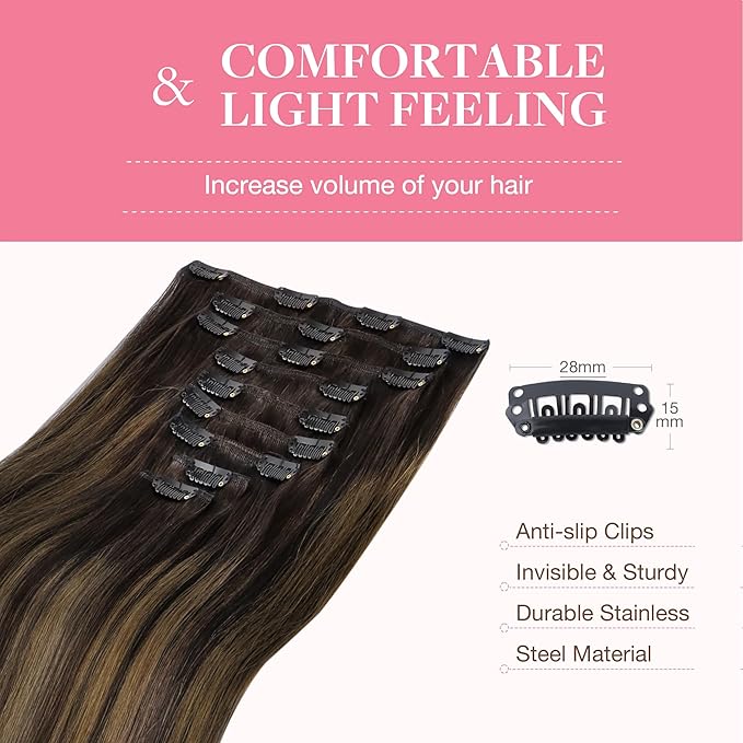 GOO GOO Clip in Hair Extensions Real Human Hair, Remy Human Hair Extensions Clip ins for Women, Natural Human Hair, 14inch 150g 9Pcs, 2/6/2 Balayage Dark Brown to Chestnut Brown