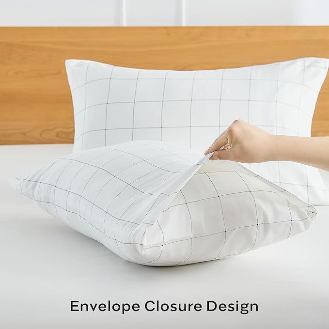 JELLYMONI 100% Natural Cotton Plaid Queen Pillowcases Set, 2 Pack White with Black Grid Geometric Pattern Printed Pillow Covers with Envelope Closure(Pillows are not Included)