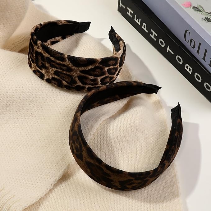 Ivyu 2 Pack Wide Leopard Headbands for Women, Non-Slip Elastic Hair Bands Soft Fabric Head Band for Daily Wear, Makeup, Travel Fashion Hair Accessories for Girls