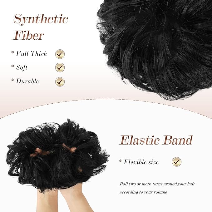 FESHFEN Messy Bun Hair Piece - Elastic Wavy Curly Hair Bun Scrunchies Extensions Synthetic Chignon Hairpieces for Women Girls, Off Black 1.5 oz