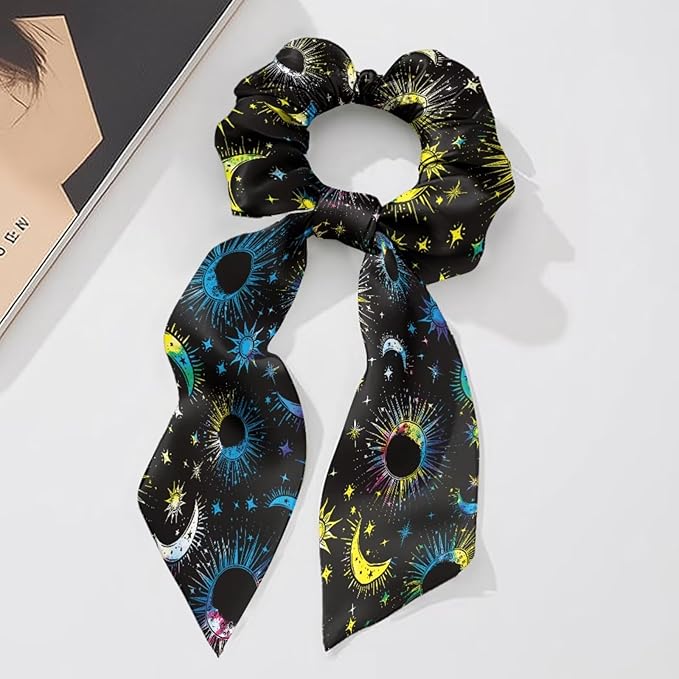 Star Sun Moon Hair Scrunchies with Ribbon Black Bow Hair Ties for Women Girls Fashion Scraf Scrunchy No Damage Pack of 2