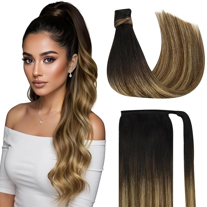 Ve Sunny Hair Extensions Ponytail Real Human Hair Wrap Around Clip in Ponytail Hair Extensions Straight Extensions Human Hair for Women Black Ombre Dark Brown Balayage Caramel Blonde 20inch 80G