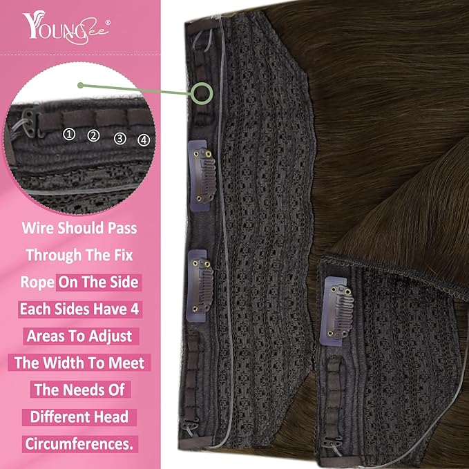 YoungSee Wire Extensions Real Human Hair Brown Wire Hair Extensions Real Human Hair Brown Fish Line Hair Extension for School 80g 16 Inch
