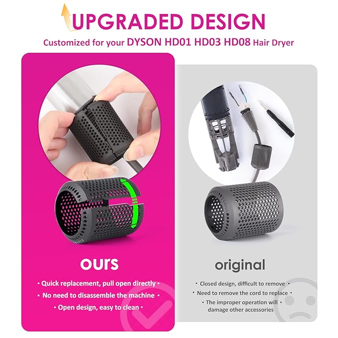 Upgraded Hair Dryer Filter Cover Compatible with Dyson Supersonic HD01 HD03 HD08 Hair Dryer Attachment, Hair Dryer Strainer Filter with Filter Cleaning Brush Replacement Parts(Gray)