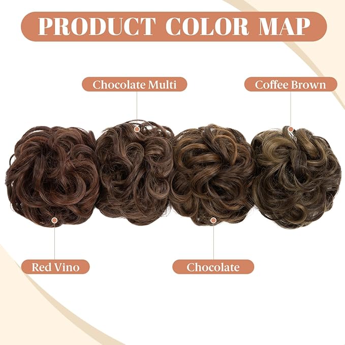 CJL HAIR 2PCS Messy Bun Hair Pieces Wavy Curly Synthetic Updo Chignon Fake Scrunchies Ponytail Extension for Women Chocolate Multi