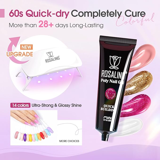 ROSALIND Poly Nail Gel Colors Kit -14 Colors +72 Nail Art Accessories kit Glitter Poly Nails Gel Kit Starter Kit with Mini UV Lamp Slip Solution Nude Pink Poly Nail Art for Beginners with Everything
