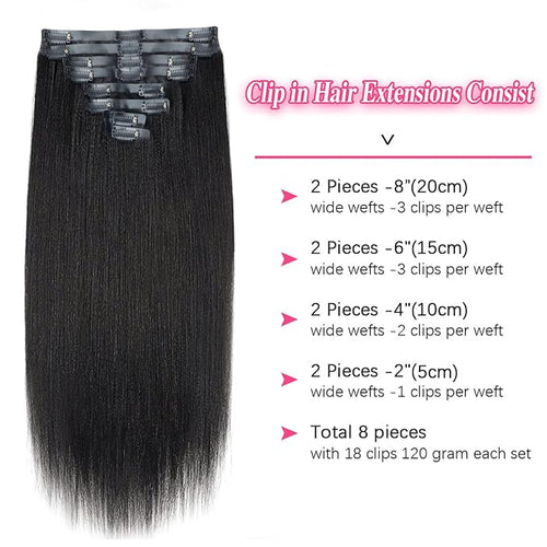 26 Inch Seamless PU Yaki Straight Clip ins Hair Extensions Real Human Hair For Women Invisible Yaki Straight Clip ins Hair Extensions (26inch,#1B)