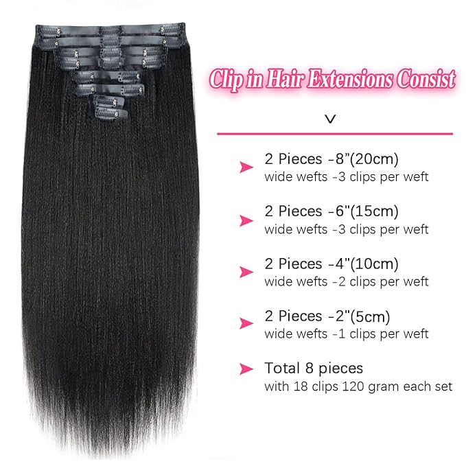 Seamless PU Yaki Straight Clip in Hair Extensions Real Human Hair For Women Invisible Yaki Straight Clip ins (20inch,#1B)