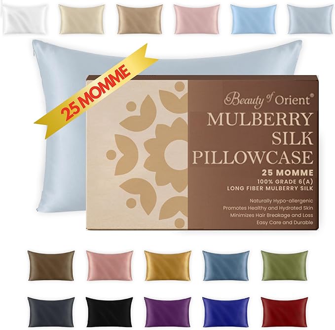 25 Momme Premium Mulberry Silk Pillowcase for Hair and Skin | Handcrafted Hypoallergenic & Anti-Acne Silk Pillow Cases with Zipper | King - 20" x 36", Silver Lining