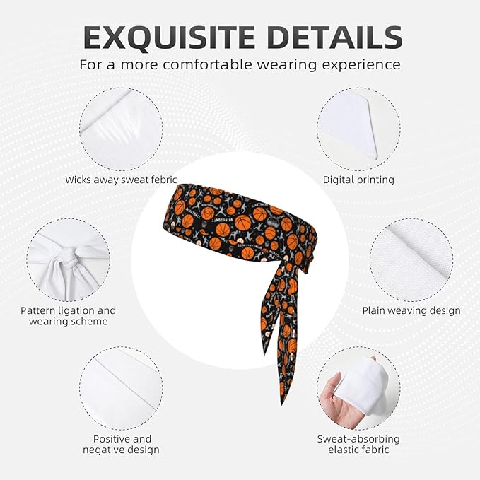 Men's Women Fashion Sports Sweatband Hand Decor for Running Fitness Spa, Long Multifunction Game Sports Basketball Print Head Ribbon Headwear