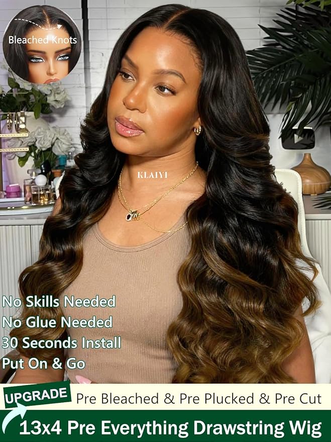 KLAIYI Ombre Brown Loose Body Wave 13x4Pre Everything Lace Frontal Chestnut Brown Drawstring Wig with Face Framing Layers Precut Lace Pre Plucked Bleached Bye Bye Knots Ready to Wear and Go Wig 26Inch