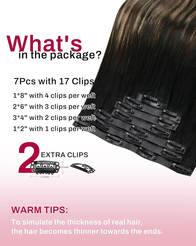 Moresoo Seamless Clip in Hair Extensions Human Hair Black to Brown with Blonde Ombre Hair Extensions Clip ins Long Natural Black to Brown with Honey Blonde Remy Straight Pu Weft 120g/7pcs 22 inch