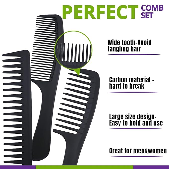 6PCS Large Wide Tooth Comb Set Detangling Shower Hair Comb Professional Carbon Fiber Cutting Comb for Women&Men's Wet Dry Curly Long Hair Anti Static Heat Resistant Comb Reduce Hair Loss and Breakage