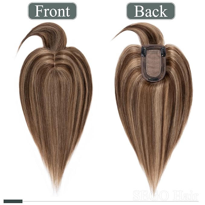 SEGO Hair Toppers for Women Real Human Hair with Thinning Hair, Toppers Hair Pieces Clip in Toppers Straight Hair Pieces with Front Bangs -10 Inch #4/27 Medium Brown Mix Dark Blonde