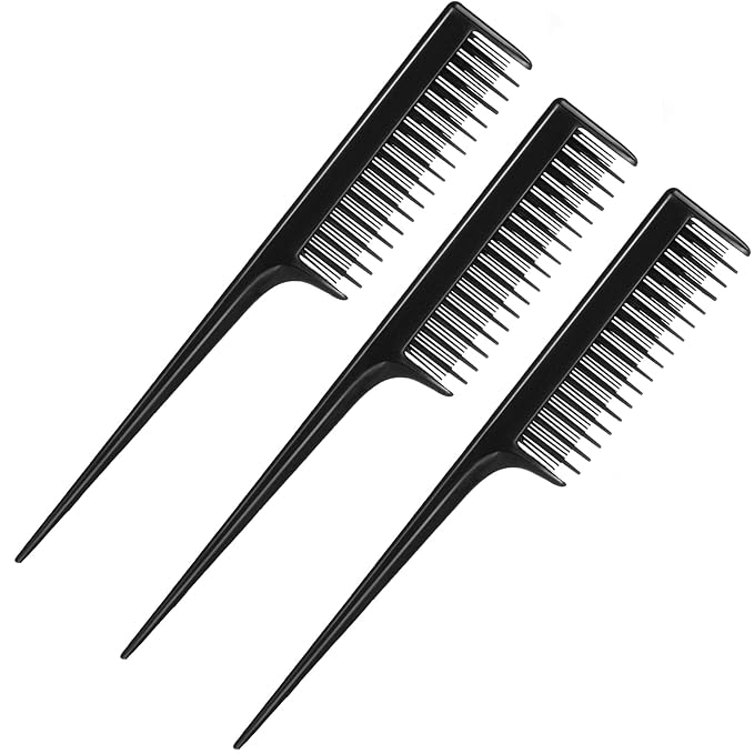 Leinuosen 3 Pcs Triple Teasing Comb Rat Tail Tool Tease Layers Pintail Comb for Women Back Root Teaser Adding Volume Structure Styling(Black)
